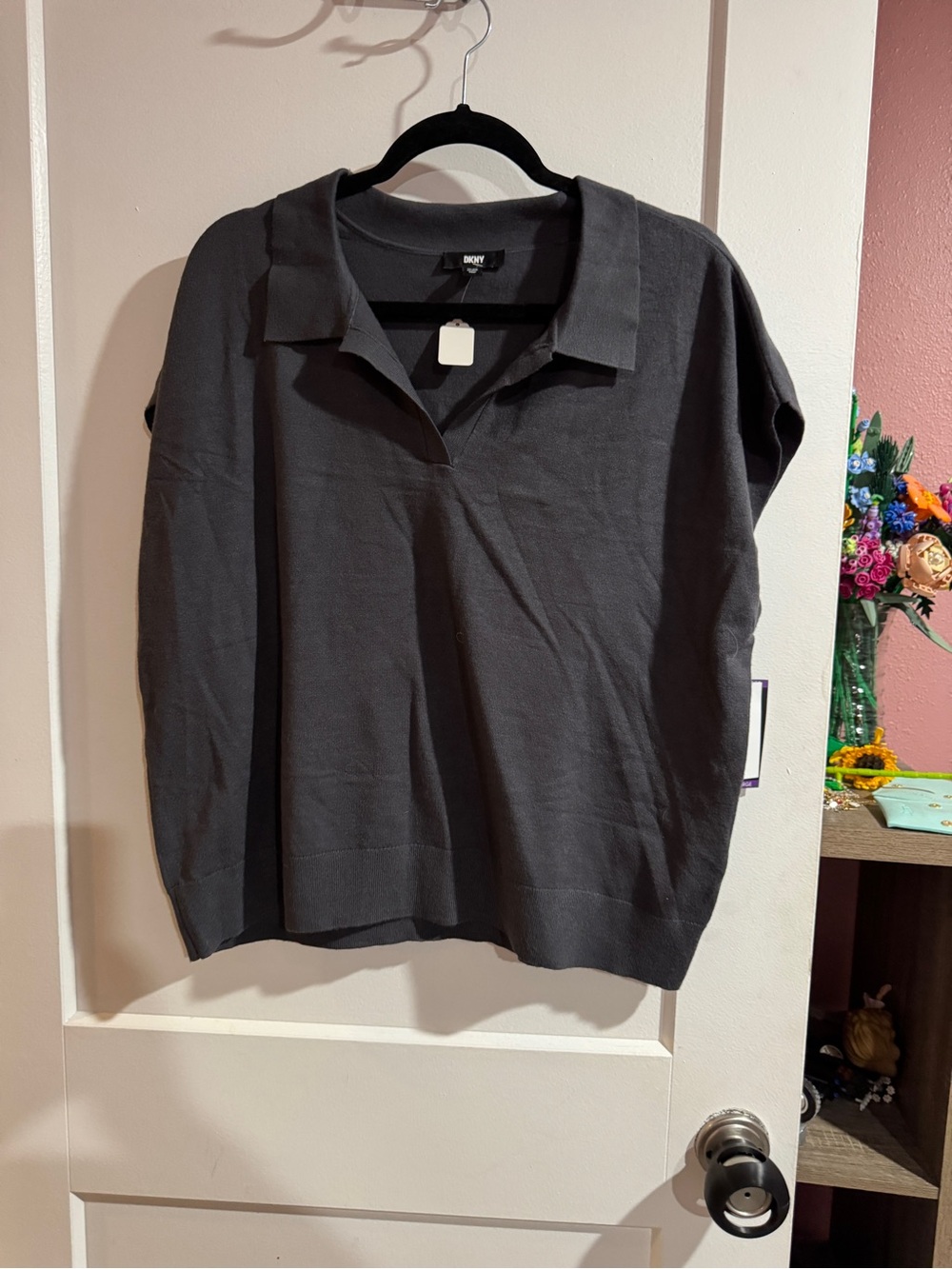 DKNY Women's Charcoal Collared Knit Top